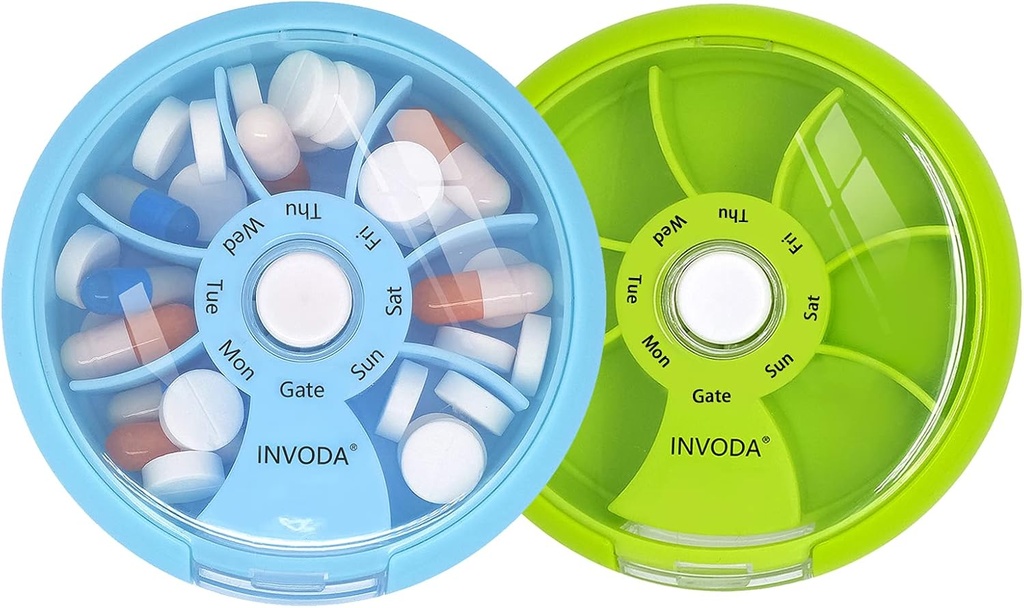 INVODA Cotygodniowy pill organizer 7 Cometude Rotating pill Box for Daily Medication & Vitamins - Przenośny pill Case Fish Oil Supplements Vitamin Organizer (Green + Blue)