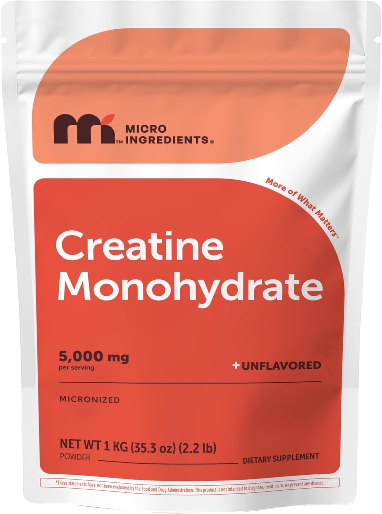 Micro Składniki Kreatywny proszek jednowodny 1 kg (2,2 Lbs), 5000mg na Serv, Mikronizowany proszek krewowy, Unflavored, No Filler, Keto & Vegan, Easy Disolve, Pre Workout dla kobiet i mężczyzn *