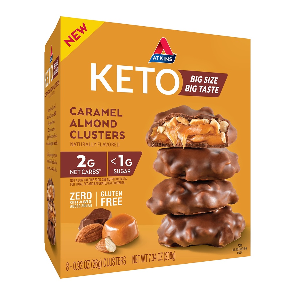 Atkins Karmel Almond Clusters, Gluten Free, Wysoka włókno, 1 g cukru, 2g karb netto, Keto Friendly, 8 Hrabia