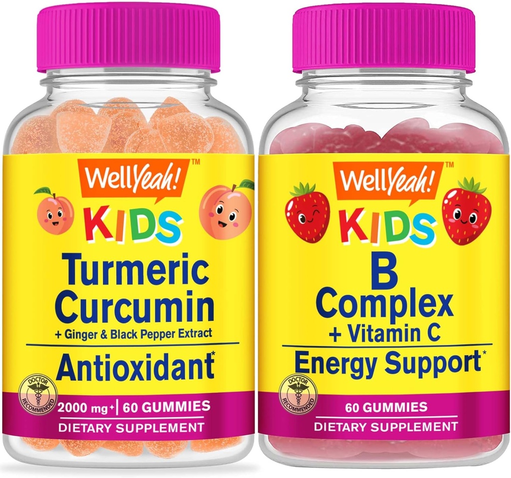 WellYeah Turmeric Curcumin Kids + B Complex Kids, Gummies Bundle - Great Desting, Suplement witaminy, Gluten Free, GMO Free, Gummy do żucia