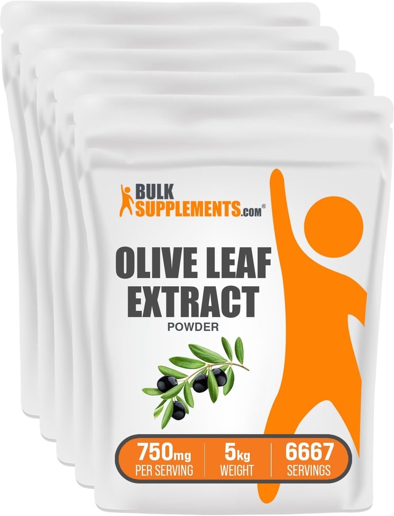 BulkSupplements.com Olive Leaf Extract Powder - Herbal Supplement, Antioksydant Source, Olive Leaf Powder - Gluten Free, 750mg na jedną porcję, 1 kg (2,2 kg) (opakowanie po 5 sztuk)