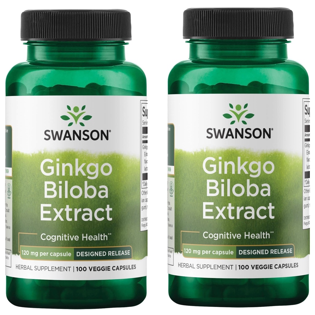 Swanson Ginkgo Biloba Extract Standaryzowany Delayed- Release Pamięć Mózg Cognitive Function Health Supplement 120 mg (24% glikozydów flawonowych, 6% laktonów terpenowych) 100 Drwali Veggie (2 opakowania)