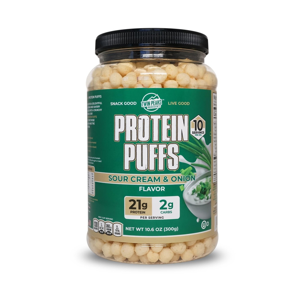 Twin Peaks Puffs Protein - (Sour Cream & Onion), Keto Friendly, Low Carb Snack (300g, 21g Protein, 2g Net Carbs, Wysoki poziom białka, Zdrowe Chrupiące Snack)