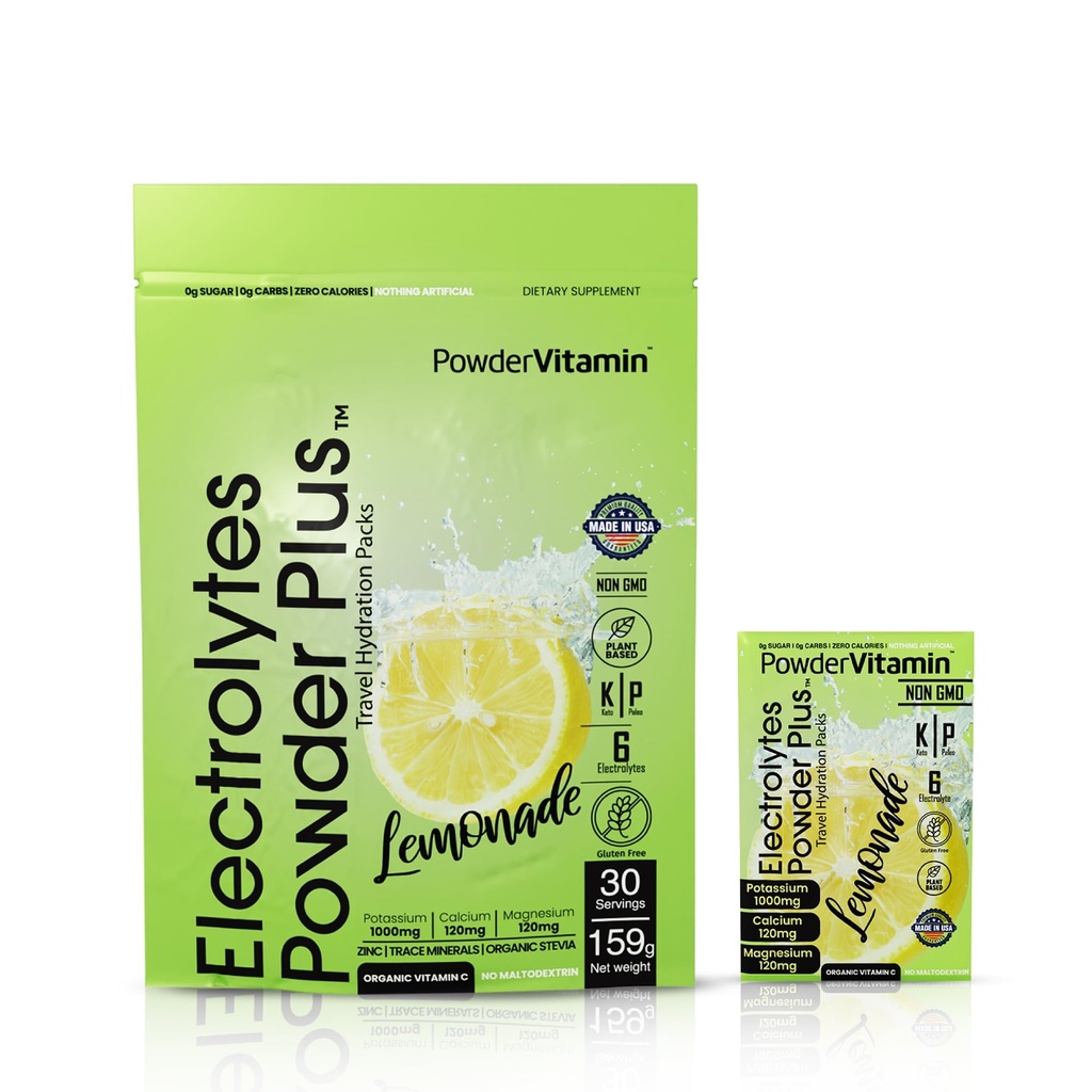 Proszek PowderWitamina Elektrolity Plus, Keto, Lemoniada, Cukier zerowy, 1000mg potasu, 120mg wapnia, 120mg magnezu, Non-GMO, Zero Kalorii, 30 pakietów nawadniających