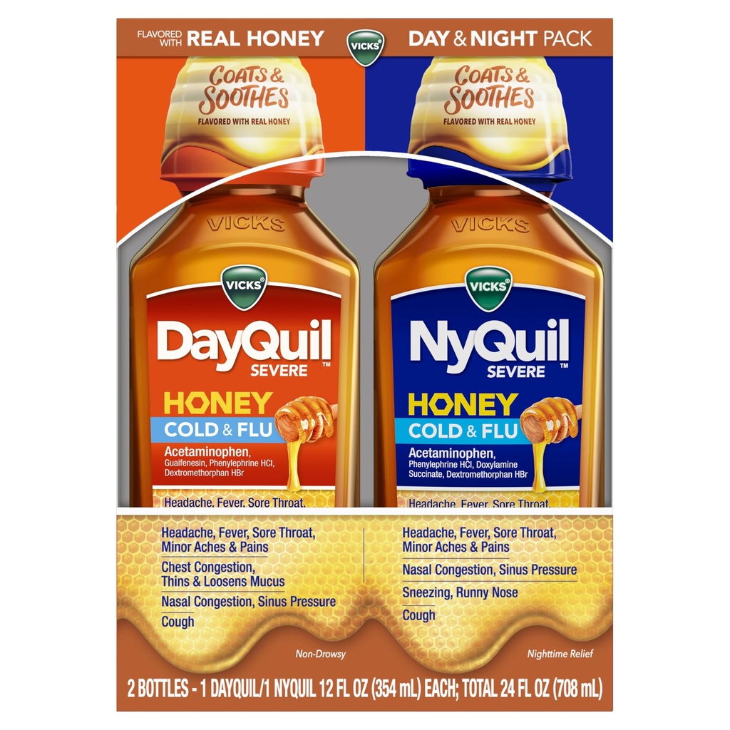 VICKS DayQuil & NyQuil SEVERE Honey Flavor Co- Pack, Cold & Flu Medicine, łagodzi ból głowy, gorączka, ból gardła, niewielkie Aches & Pains, zatory nosowe, ciśnienie zatok, Stuffy Nose i kaszel, 2x12oz
