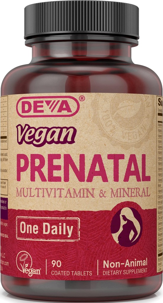 DEVA Vegan Prenatal Multivitamine and Mineral Supplement - Once- Per- Day Formuła - Witaminy A, C, D, E, K, B Complex, z folianem i żelazem chelatowanym - 90 Tabletki powlekane, 1- Pack