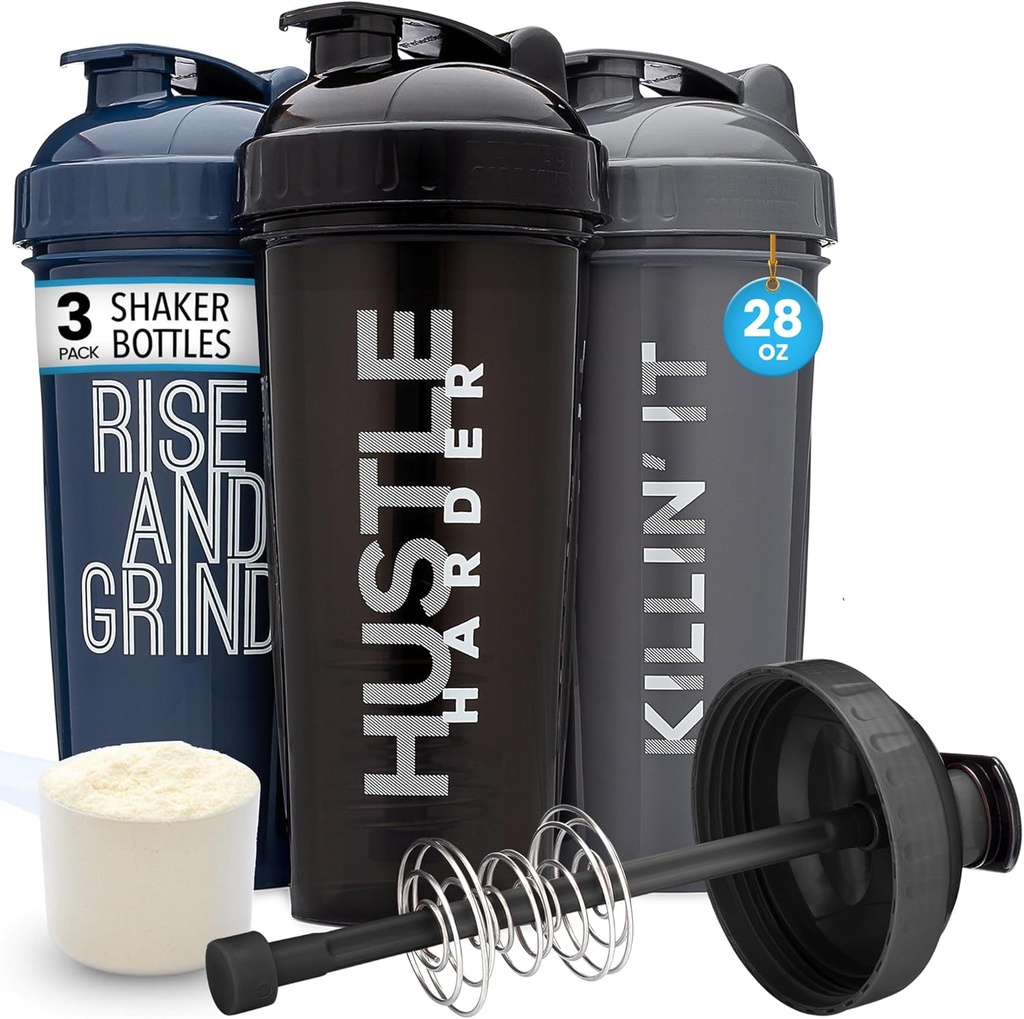 GOMOYO [3- Pack] 28- Ounce Shaker Butelka z Action- Rod Mixer XI124; Butelka Shaker Protein z Motivationational Quotes XI124; Butelka Shakers for Protein Shakes są BPA Free i zmywarka bezpieczne 124; Srebrny, niebieski, & czarny
