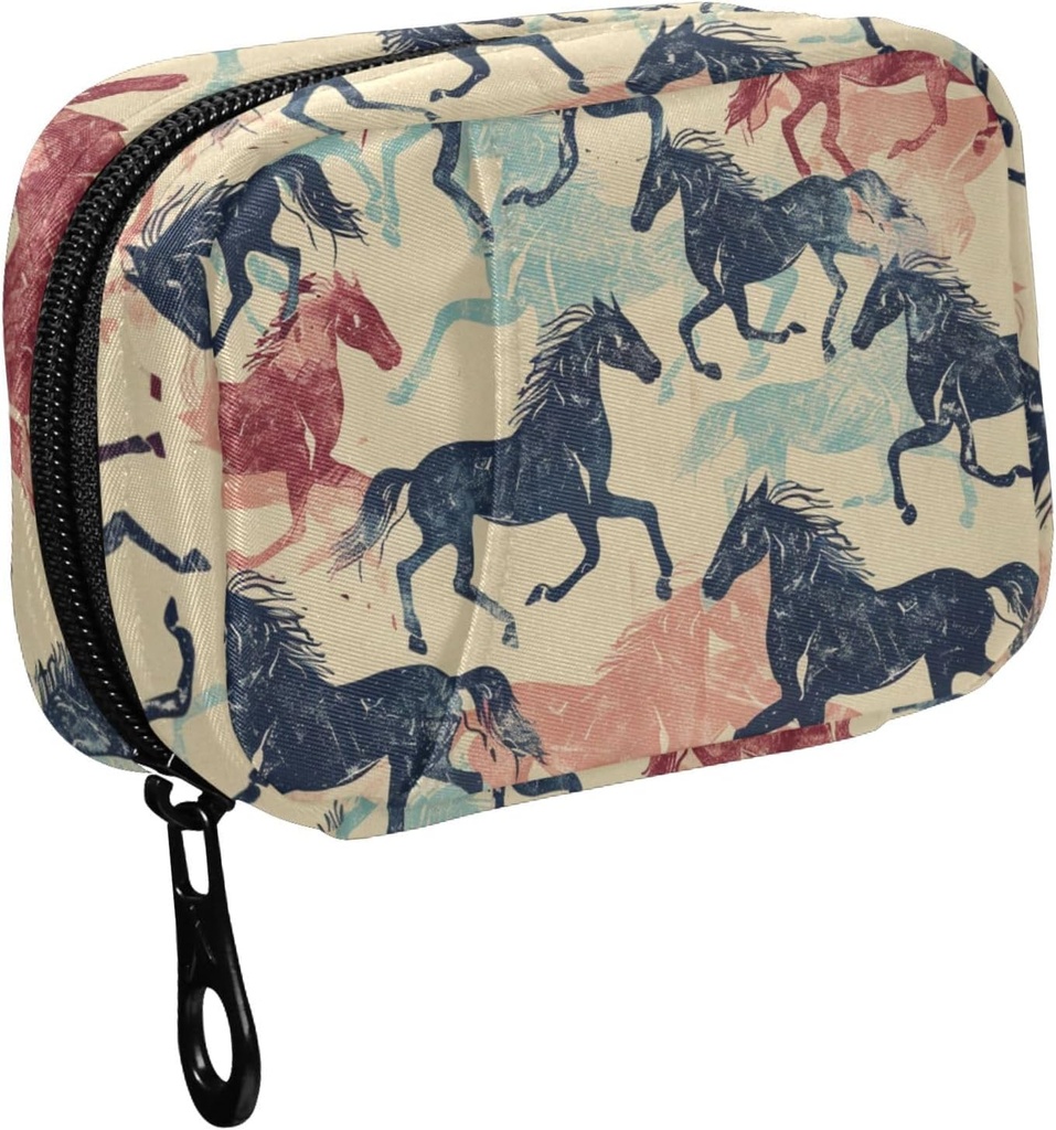 Fustylead Retro Kolorowe Running Koń Silhouette Pill Organizer for Purse, Tygodniowe przenośne Pill Box z Zipper do przechowywania witamin Fish Oils Leki suplementy