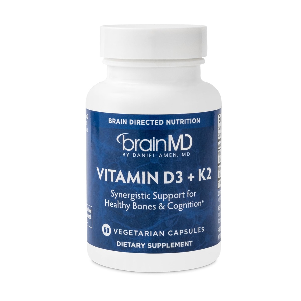 BRAINMD Witamina D3 + K2- 60 Kapsułki - Synergistyczne Wsparcie dla Zdrowych Kości i Cognition - Gluten Free - 60 Służenia