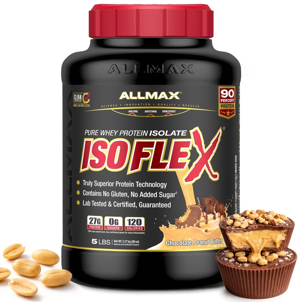 ALLMAX Nutrition - ISOFLEX Proszek z białka serwatki, Izolat białka serwatki, Białko 27g, Masło orzechowe czekoladowe, 5 funtów