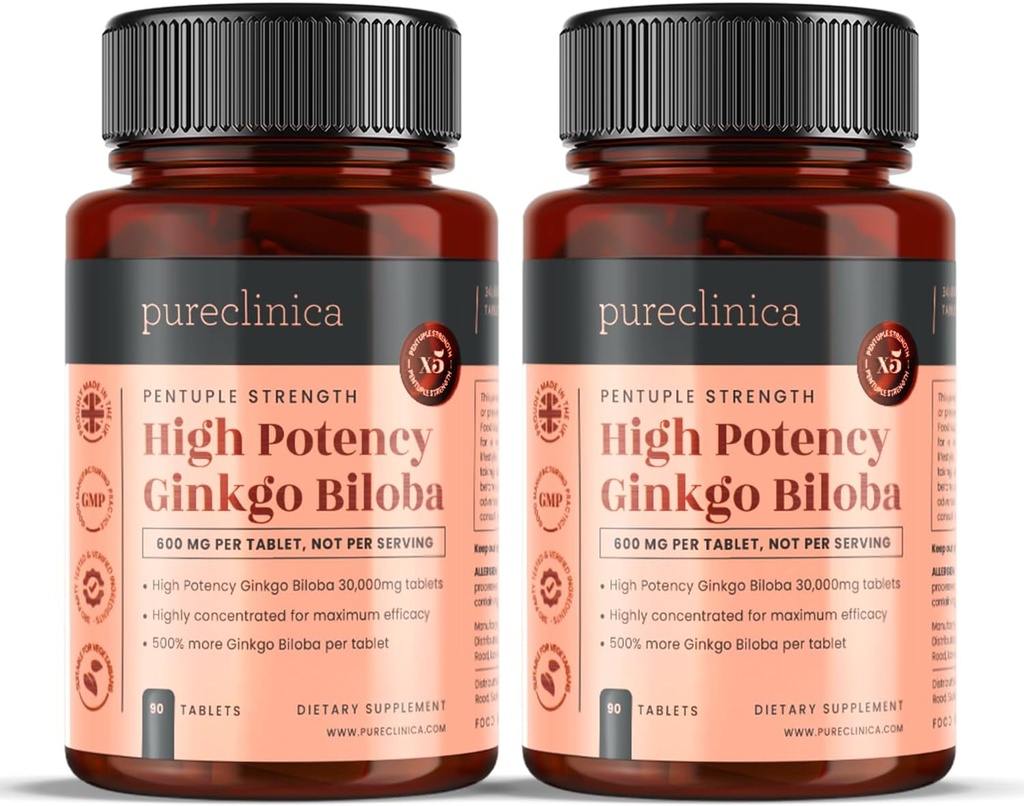 pureklinica Wysoka potencja Ginkgo Biloba 30,000mg x 180 tabletek (2 butelki po 90) - 6 miesięcy dostaw - 5 razy Siła konkurencyjnych produktów