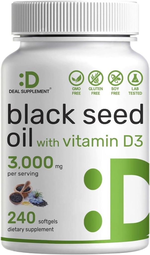 DEAL SUPPLEMENT Black Seed Oil, 240 Softgels - Cold- Pressed Nigella Sativa, Natural Occurring Thymoquinone (TQ) - Non-GMO, No Gluten - Czarny Kmin Nasienie Kapsułki z witaminą D3