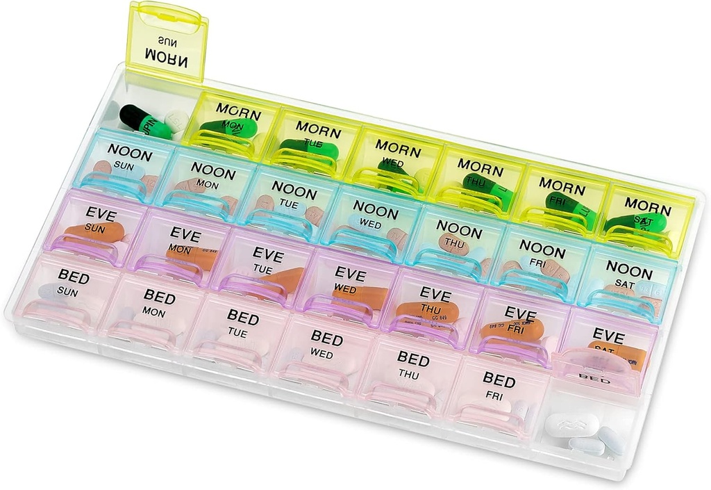 Pill Organizator - Duży Pill Organizator z Weekly i Daily 4-Times- A-Day Komory na rano, południe, Wieczór, Noc - BPA- Free, Przenośne i Travel Przyjazne Pill Case