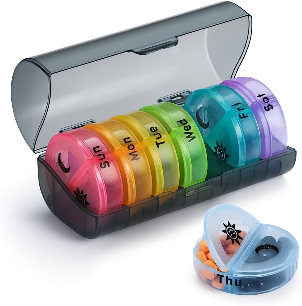 VIGOR PATH 7- Day Pill Organizator z dwóch komnat na dzień, Idealny do tabletek / witaminy / olej rybny / suplementy przechowywania, BPA- Free i łatwe do czyszczenia (czarny - kolorowe)