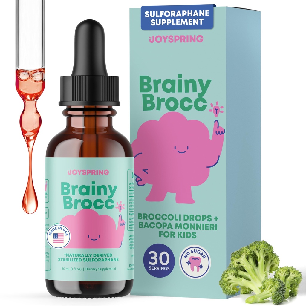 Suplement do brokułów JoySpring dla dzieci 124; Sulforaphane & Bacopa Monnieri Drops 124; Wspomaga funkcję kognitywną 124; Wegan & Kidfriendly
