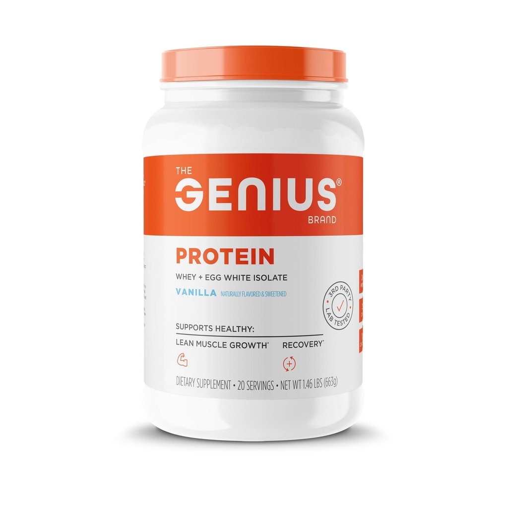 Genius Protein Powder, Wanilia - Mieszanka z podwójnym białkiem z ulepszonym izolatem serwatkowym i naturalnym białkiem jaj dla Lean Muscle Building for Men & Women - Grass- Fed przed i post Trening posiłek zastępczy Shake