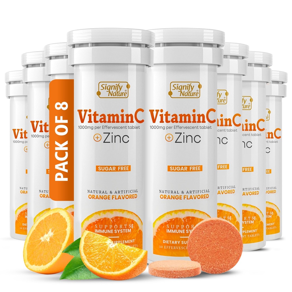 SIGNIFY NATURE Witamina C 1000mg tabletki musujące - Potężne wsparcie immunologiczne VIT C z suplementem cynku - Bez cukru i Wegan Formuła Montext 124; Rozpuszczalne tabletki witaminy C - Rozpuszczalny Fizzy Elixir - 80CT