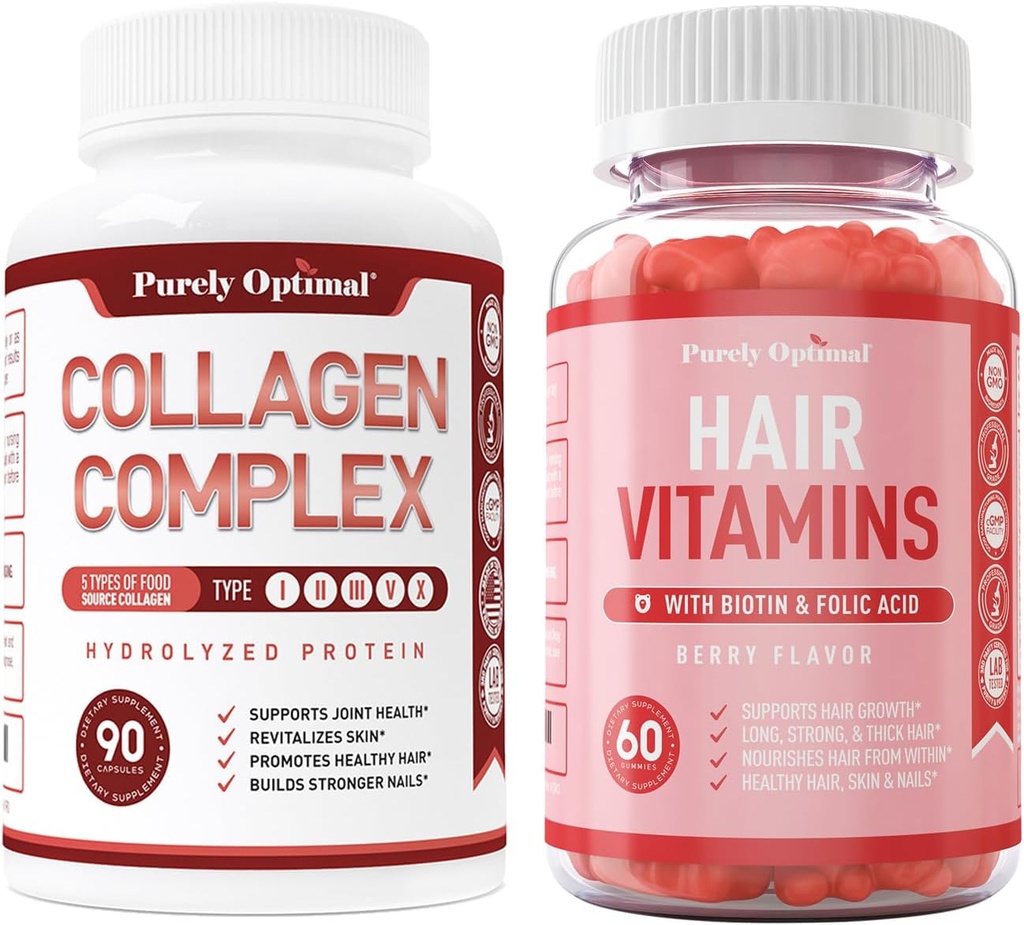 Precyzyjnie optymalny Premium Multi Collagen Peptydes Kapsułki (Typy I, II, III, V, X) + Premium Suplement Witaminy do włosów - Gummy Witaminy w / Biotyna, Kwas foliowy, Witaminy A & D