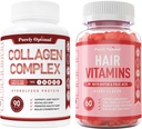Purely Optimal Premium Multi Collagen Peptides Capsules (Types I, II, III, V, X) + Premium Hair Vitamins Supplement-Gummy Vitamins w/Biotin, Folic Acid, Vitamins A&D