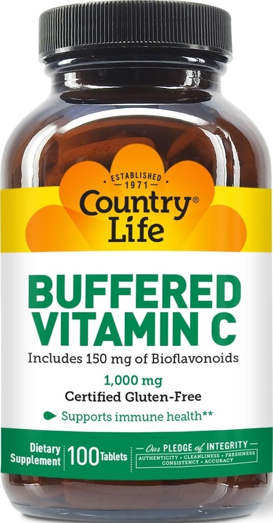 Kraj Życie Buforowany Witamina C 1000mg z bioflawonoidy, Wapń, Magnez, Potas - Wsparcie immunologiczne, Kapsułki wegańskie, Gluten- Free, Delikatnie na stomach - 100 Tabletki
