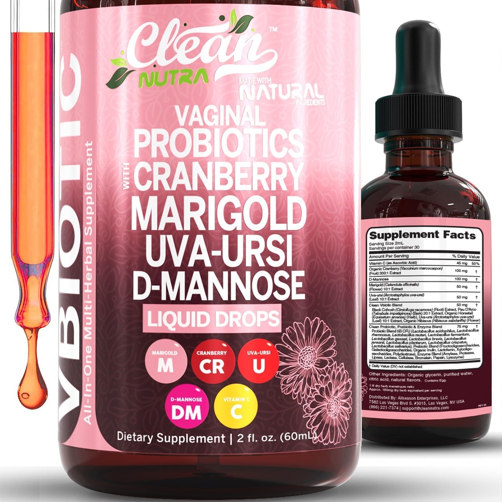 Czyste nutraceuticals VBiotic Probiotic dla kobiet płynnych krople 124; Żurawina Uva Ursi Horsetail D- Mannose Prebiotyki Marigold & Black Cohosh Waginalny suplement zdrowia 124; pH Równowaga