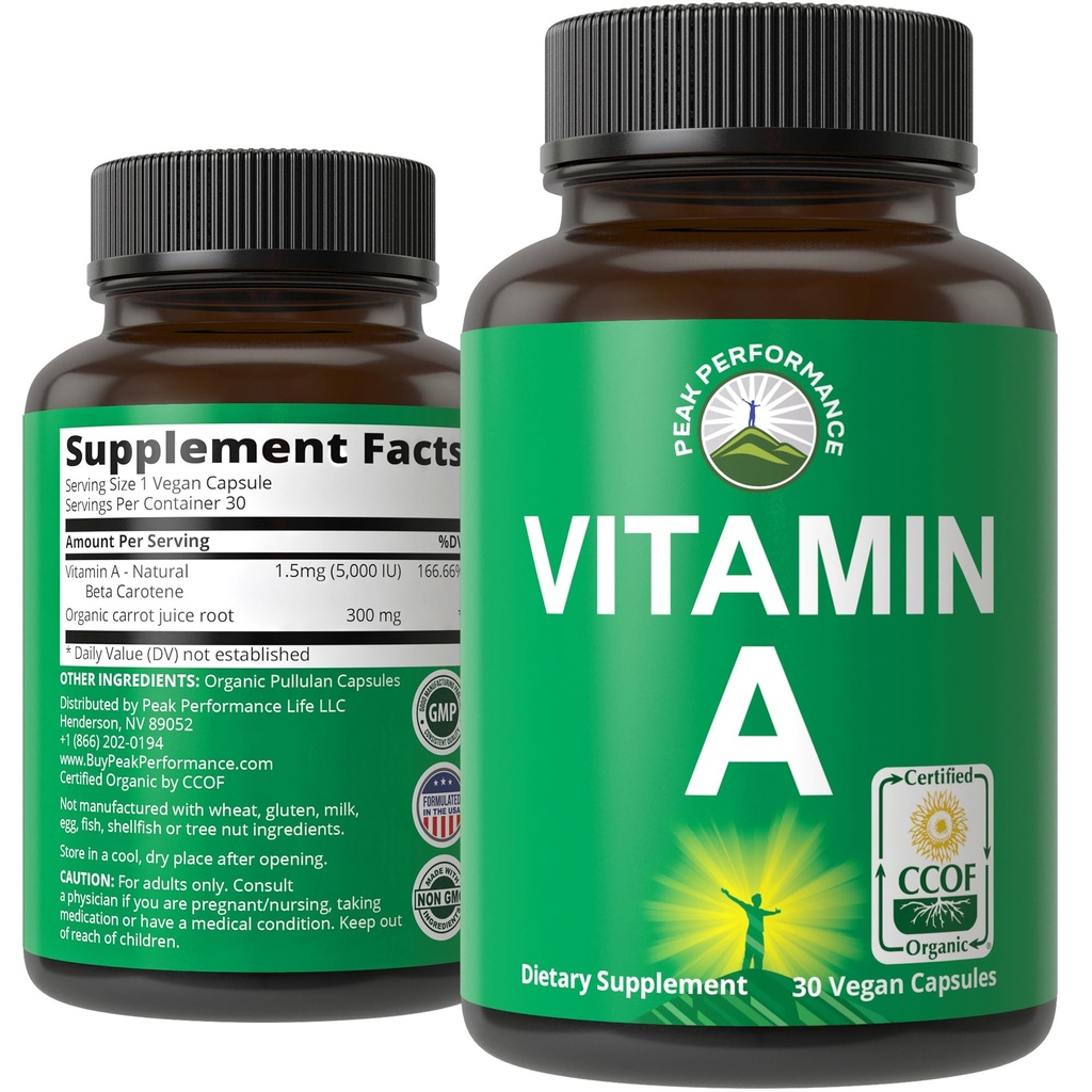 Certified Organic Witamina A 5000 j.m. Suplement Kapsułki Wysokiej mocy Vitamin. dla dorosłych, Mężczyźni, Kobiety, Dzieci. Wykonane z organicznego soku marchewkowego. Świetne dla immunologicznego, skóry, wsparcia oczu. Nie GMO, tabletki wegańskie