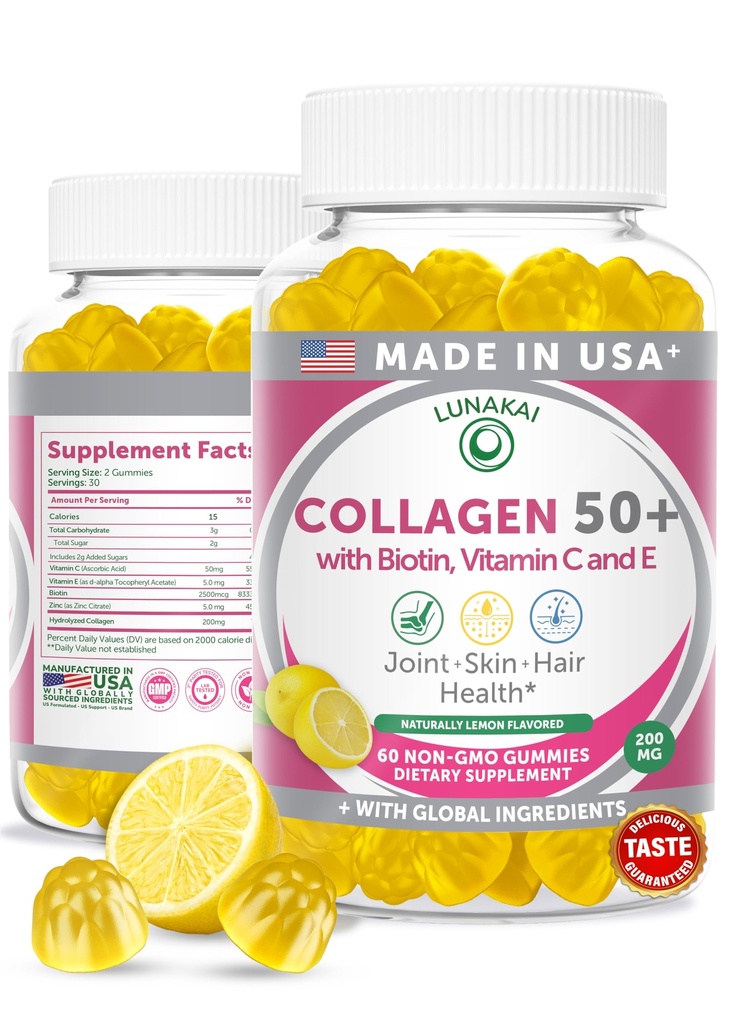 Lunakai USA Made Gummies Kolagen dla kobiet i mężczyzn ponad 50, Biotin & Witamina C, Wspomaga elastyczność skóry, Siła włosów i paznokci, Wspólne wsparcie, 60ct