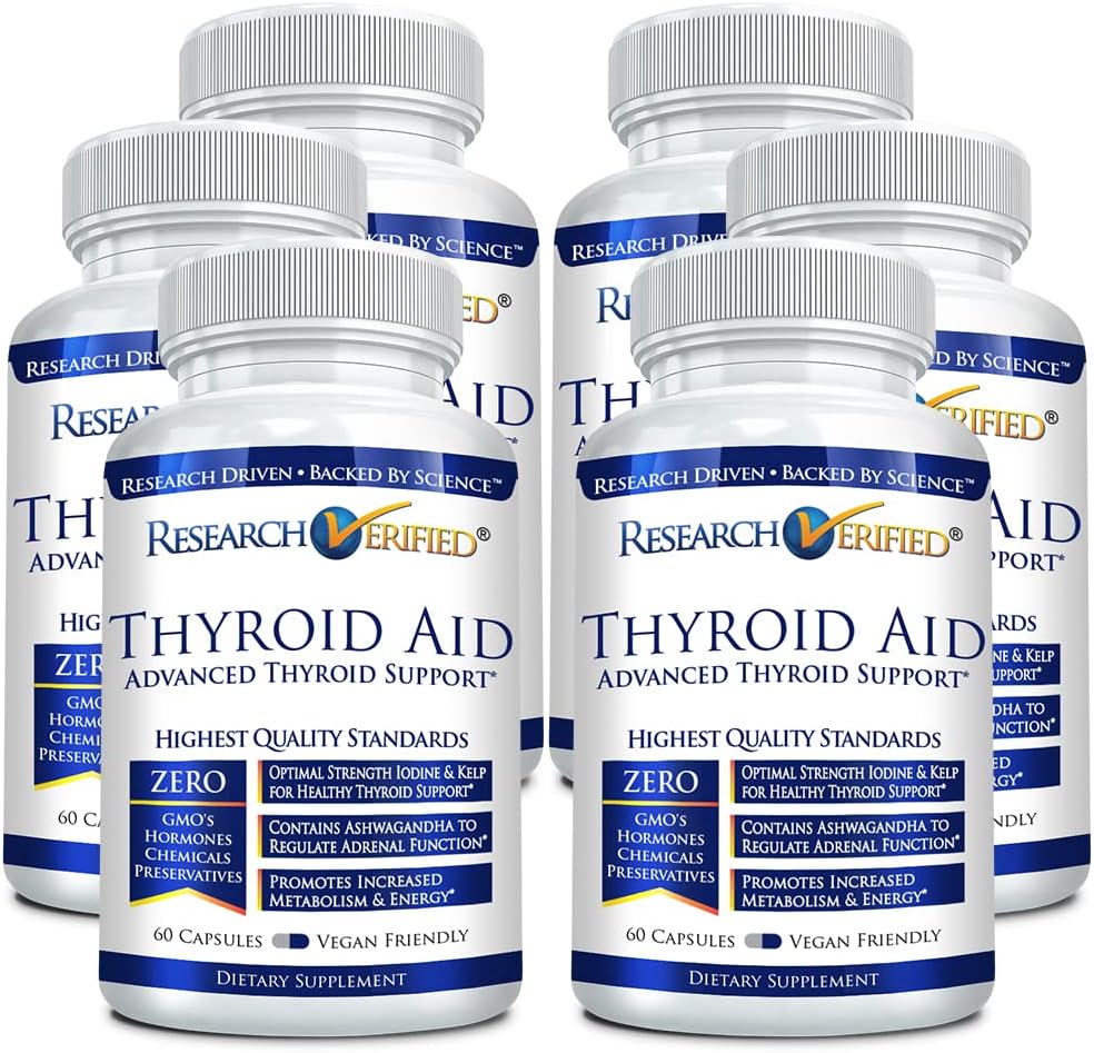 Research Verified ® Thyroid Aid - Optymalna funkcja tarczycy z jodem, miedzią i cynkiem - 260 µg Selenium - 100% Czysty - Vegan Friendly - 60 Kapsułek na butelkę - 6 butelek