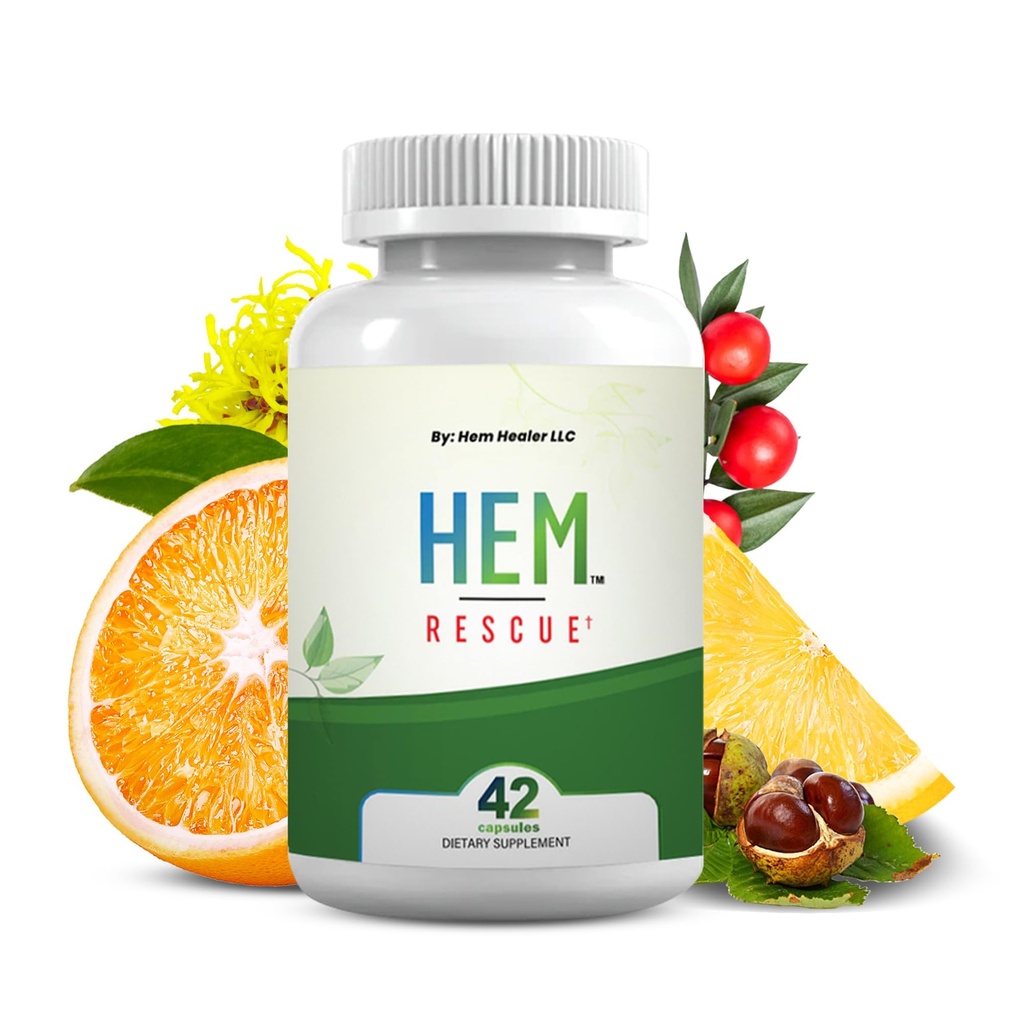 Hem Rescue Hemorrhoid Suplement do leczenia - Wszystkie naturalne, Zmniejsza dyskomfort i obrzęk, zwiększa przepływ krwi, Mieszanka doustna Botaniczny, Made in USA - (1 Butelka)