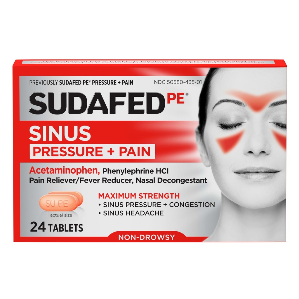 Sudafed PE Sinus Pression + Pain Relief Tablets, Maximum Strength, Non- Drowsy, OTC Sinus Relief Medicine with Acetaminophen Pain Reliever & Fenylephrine HCl Nasal Decongestant, 24