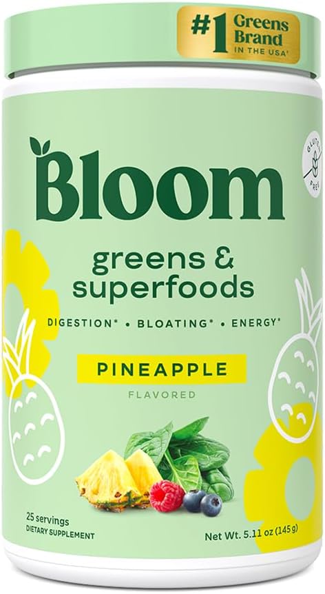 Bloom Nutrition Superfood Zielony proszek, Enzymy z probiotyki i prebiotyki, Gut Health, Bloating Relief dla kobiet, Chlorella, Zielony sok Mix z buraka korzeniowego proszek, 25 SVG, Ananas