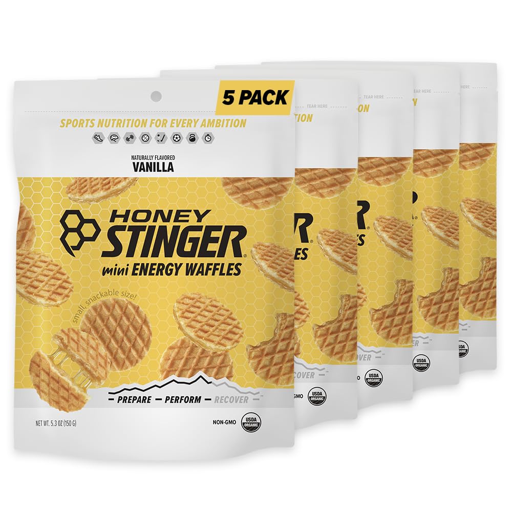 Miód Stinger Organic Mini Waffles Vanilla, Energy Strooplafel do ćwiczeń, Endurance and Performance, Sports Nutrition for Home & Gym, Pre and Post Workout, 5 Torby, 26.5 unce