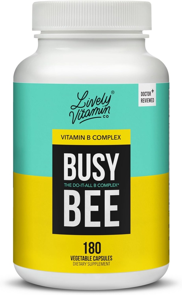 LIVELY VITAMIN CO. Busy Bee - Wysoce Biodostępny Kompleks Witaminy B z Choliną - Energia - Stres - Mózg Mgła - Klarowność mentalna - Uszkodzenia oksydacyjne - Mleczarnia Soy Gluten Free - 180 Kapsułki wegańskie