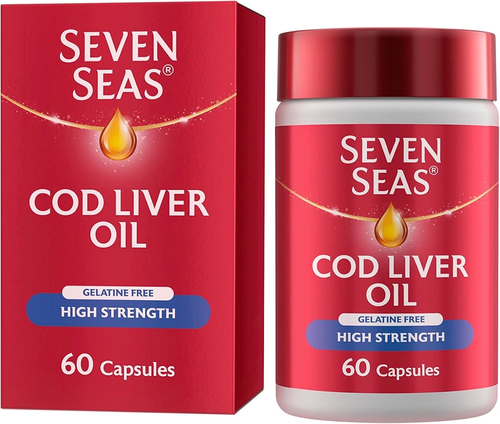 Seven Seas Cod Liver Oil Wysoka wytrzymałość Omega 3 Plus witaminy D & E 120 Kapsułki