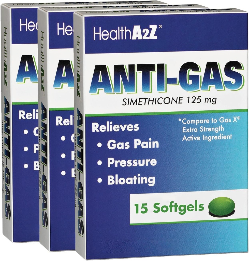 HealthA2Z ® Gas Relief Simeticone 124; 125mg Simeticon 124; Releases from Stomach Discomfort and Gas Releases 124; Anti Flatulence Release 124; Releases Gas Fast and Bloating (15 Counts (Pack of 3))