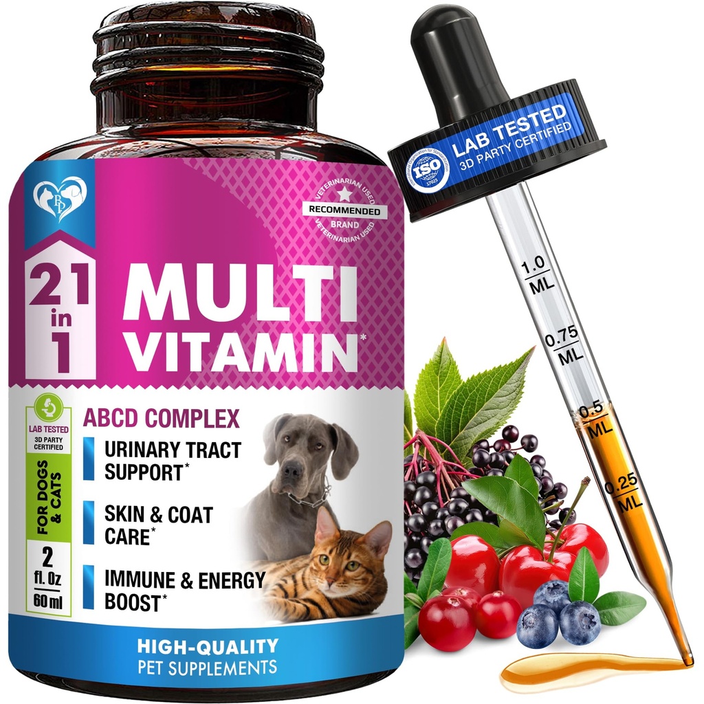 Kot & Pies Multivitamin Płyn z Glukozaminy i Żurawiny 124; 15 w 1 Suplementy zdrowotne dla nerki traktowej moczu, Bledder, Hip & Joint, Skóra & Coat 124; Naturalna medycyna UTI Made in USA (60 ml)