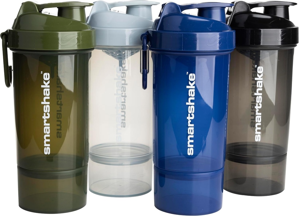 Smartshake O2GO ONE 4- Pack Protein Shaker Butelka 800 ml XI124; 27 oz - Magazynowanie wliczone - Leakproof Screw- Lid - BPA Free - Unisex - Mist Gray, Army Green, Black, Navy Blue