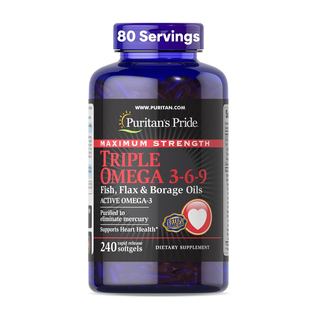 Puritan 's Pride Premium Maksymalna siła Triple Active Omega 3- 6- 9 Ryby, Flax i Oleje borage, Suplement diety dla serca, Joint i Cellular Health Support, 240 Softgels szybkiego wydania