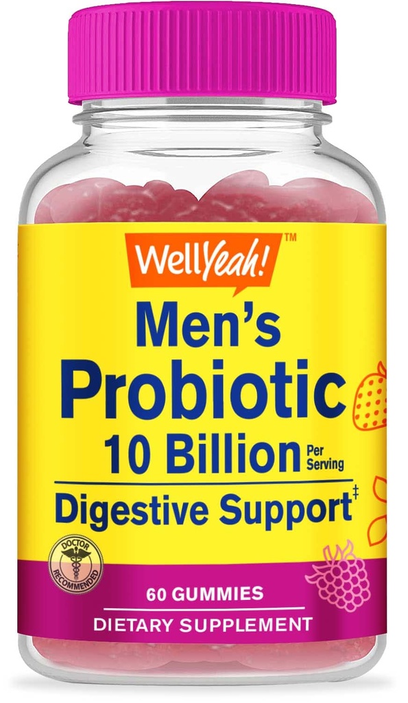 WellYeah Probiotyczne Gummies dla mężczyzn z 10 Miliard CFU, Przywracanie naturalnej równowagi pokarmowej, Redukcja gazu, Bloating, i nieregularności, Gluten Free, Non-GMO, Wegetarianin - 60 Gummies