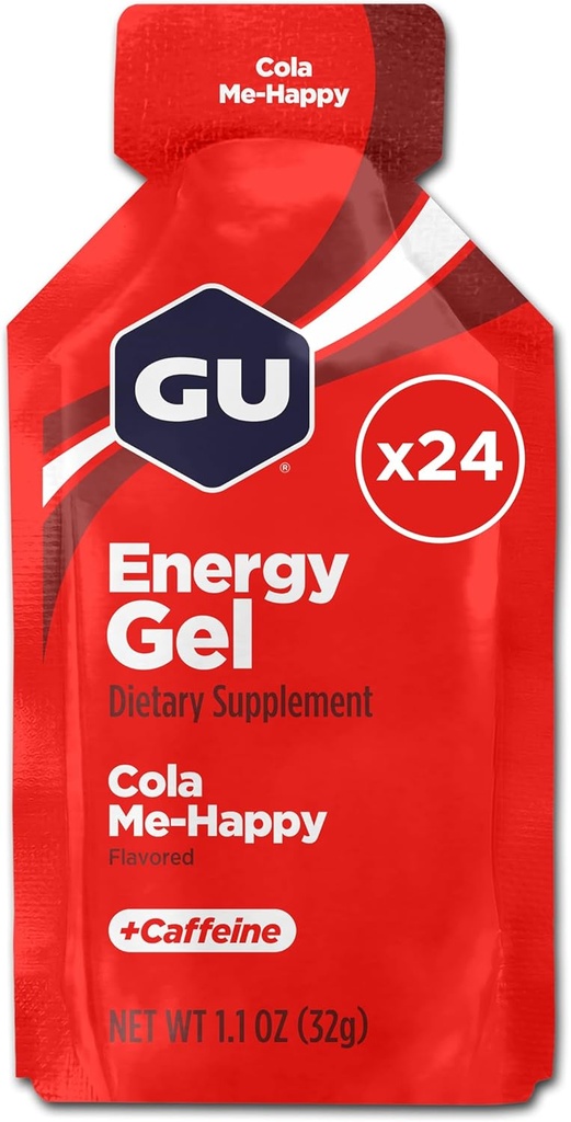 GU Energy Original Sports Nutrition Energy Gel, Wegan, Gluten- Free, Kosher i Dairy-Free On- The- Energy for Any Trenaut, 24- Count, Cola Me- Happy