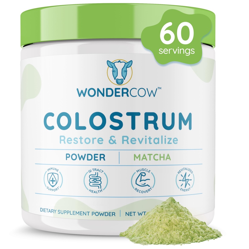 WONDERCOW Colostrum Supplement Powder for Gut Health, Wsparcie immunologiczne, Odzysk mięśni i Wellness 124; Natural IgG Pure Whole Bovine Colostrum Superfood, Matcha, 60 Służenie
