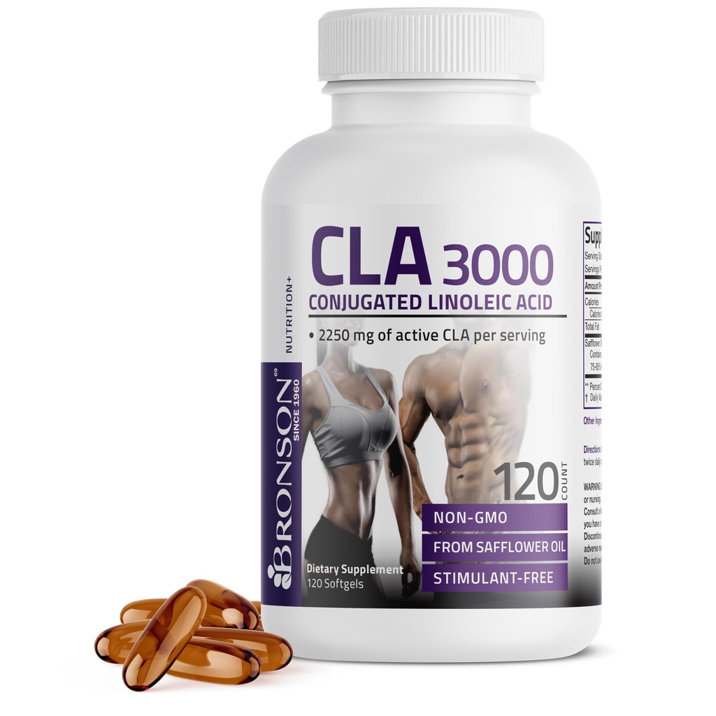Bronson CLA 3000 Extra High Potency wspomaga zdrowe zarządzanie wagą Lean Muscle Mass Non- Stimulating Conjufaling kwas linolowy 120 Softgels