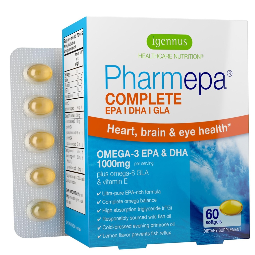 Igennus Pharmepa Complete EPA 668mg & DHA 334mg Omega-3 Kwasy tłuszczowe 1000mg, IFOS Certified, rTG Form, High Potency Fish Oil Plus Omega- 6 & 9 z GLA Evening Primrose Oil, Lemon Flavor, 60 Softgels