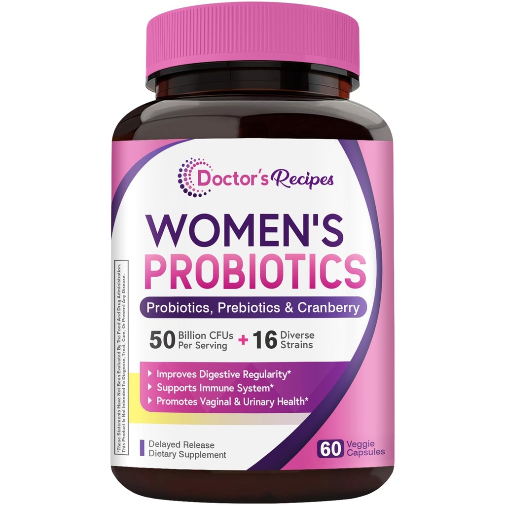 Lekarz Recipes Women 's Probiotic, 60 Caps 50 Miliard CFU 16 Szczeliny, z Żurawiny organicznej, Digestive Immune Vaginal & Urnary Health, Złożone, Opóźnione uwolnienie, No Soy Gluten Dairy