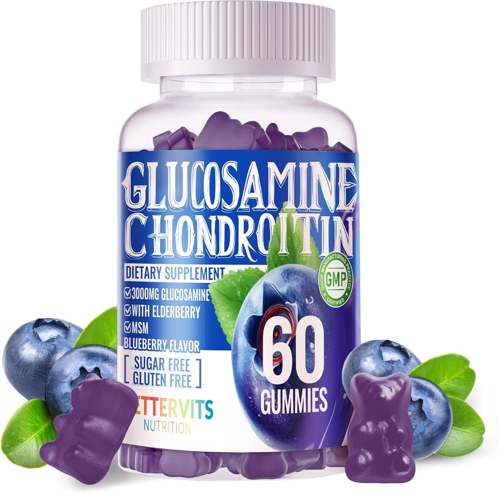 Glukozamina Gummie Chondroitin z MuSM & Elderberry Extra Siła - Wspólne wsparcie, Antyoksydant immunologiczny Suplement dla dorosłych, Mężczyźni & Kobiety.60 Gummies jagodowe