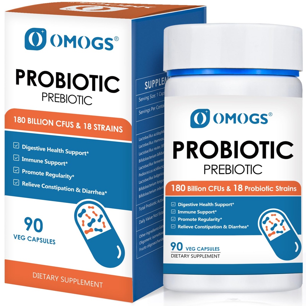 OMOGS Probiotyka 120 Miliard CFU 18 Szczepy, 3 Prebiotyki i Enzymy trawienne, Pomaga Digestive, Gut Health, Immune, Wspomaga sporadyczne zaparcia, Biegunka i gaz - dla kobiet i mężczyzn, 60 Kapsułki