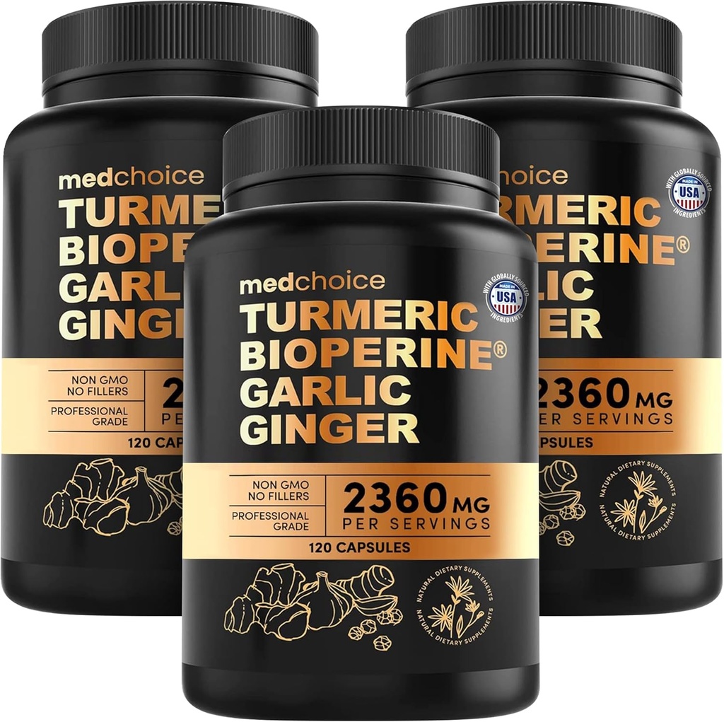 4- in-1 Kurkuma i Czosnek Suplementy z BioPerine - 2360mg Turmeric Ginger Root Kapsułki z czosnku - Wysoka moc Herbal Mieszanka (120 ct, Opakowanie po 3)