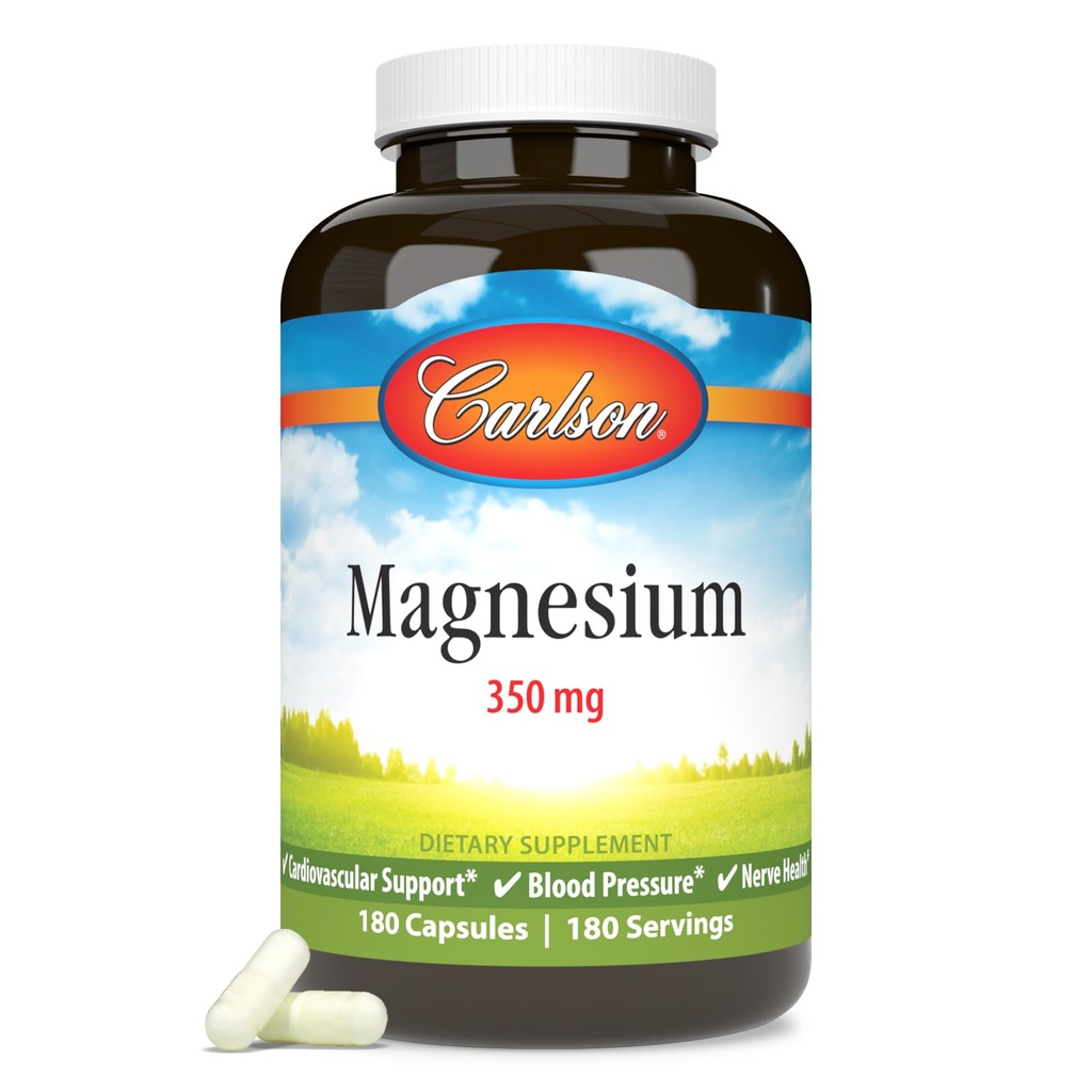 Carlson - Magnez, 350 mg, Wspomaganie układu sercowo- naczyniowego, Funkcje mięśniowe i Nerve Health, 180 kapsułek