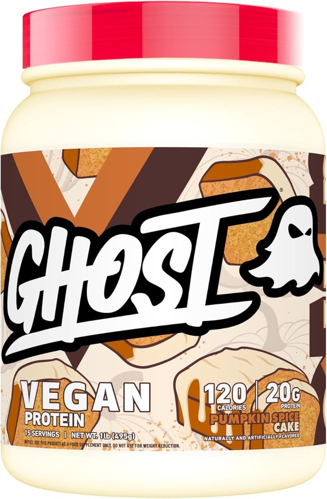 GHOST Vegan Protein Powder, Pumpkin Spice Cake - 1LB Tub, 20G Protein - Platant- Based Pea, Organic Pumpkin & Arbuz Seed Protein Blend - Flavored Post Workout Shakes - Soy & Gluten Free