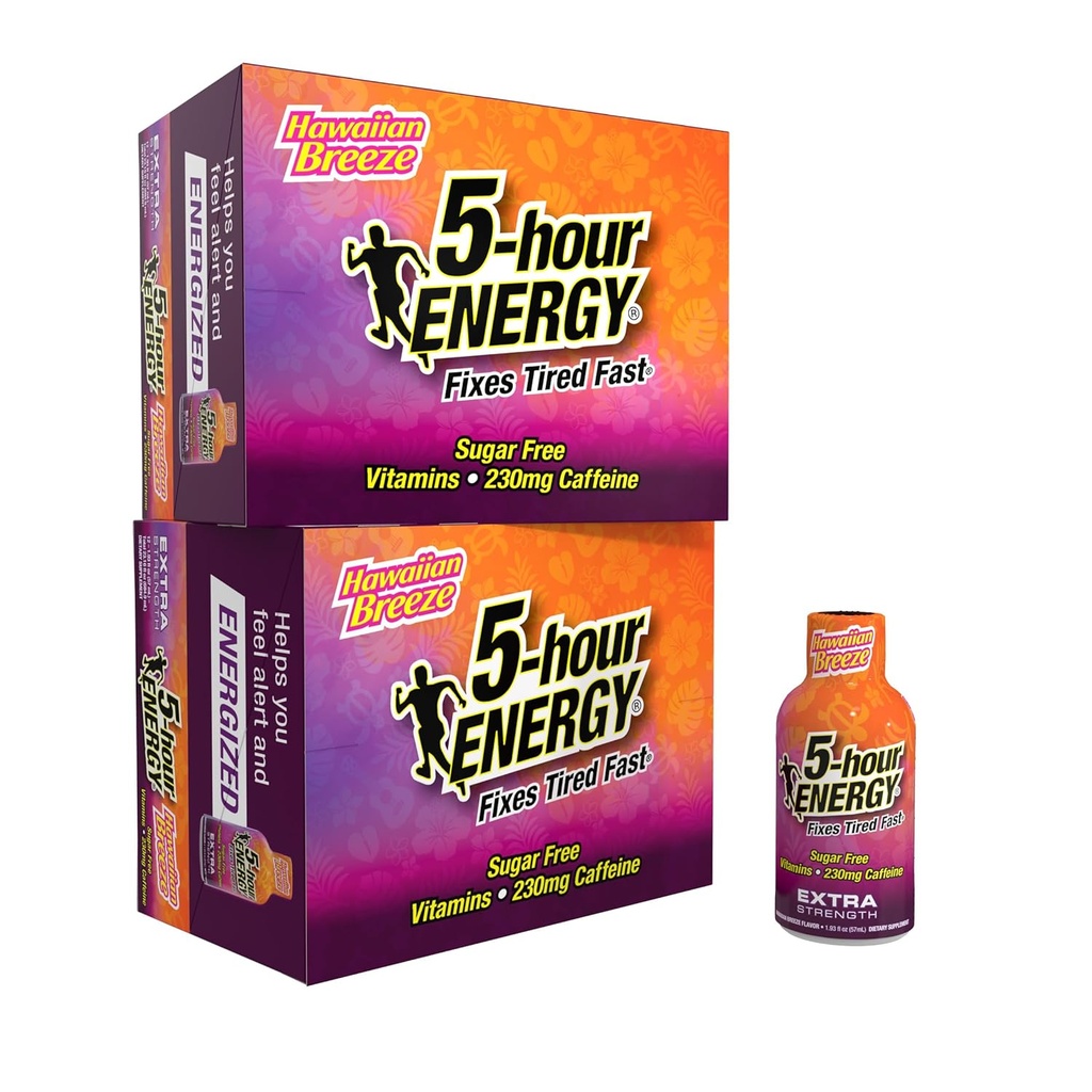 5- godzinny zastrzyk energetyczny ENERGY Extra Strength Energy Shot, aromat hawajski Breeze Flavor (1.93 oz. - 24 Count) Zero Calories & Sugar-Free 230 mg Caffeined Energy Shot, Amino Acids & B Vitamin, Suplementy dietetyczne